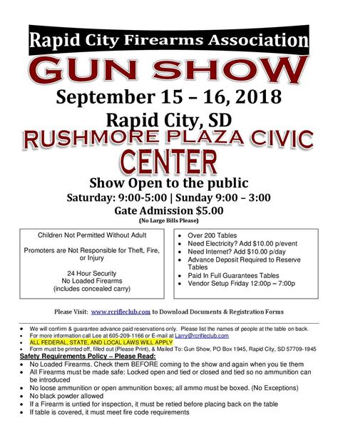 Gun show rapid city sd. The Rapid City Rifle Club Tom Wenn Memorial Gun Show will be held on Jan 7th-8th, 2023 in Rapid City, SD. This Rapid City gun show is held at Central States Fairgrounds and hosted by Rapid City Rifle Club. All federal and local firearm laws and ordinances must be obeyed. Saturday: 9:00am – 5:00pmSunday: 9:00am – 2:00pm. 