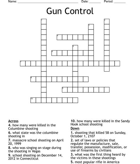Guns crossword. The Crossword Solver found 30 answers to "guns and rockets", 4 letters crossword clue. The Crossword Solver finds answers to classic crosswords and cryptic crossword puzzles. Enter the length or pattern for better results. Click the answer to find similar crossword clues. 