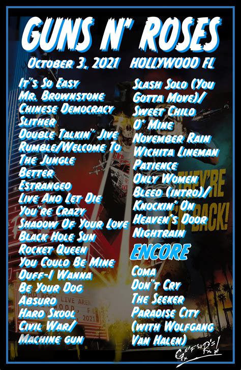 Get the Guns N’ Roses Setlist of the concert at Gazzarri's, West Hollywood, CA, USA on May 31, ... Guns N' Roses Live Debut "The General" at the Hollywood Bowl. Nov 6, 2023. Setlist History: Guns n' Roses Wilts While Opening For Stones . Oct 18, 2023. Guns N’ Roses Gig Timeline.. 