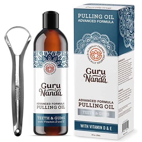 Guru nanda. This Guru Nanda Advanced Formula Pulling Oil Natural Teeth Whitening & Mouth Swish is a great product. This product is a much. I like the taste and I like how fresh my breathe was after using this product. I also like that it comes with a tongue scraper. I definitely recommend this product. 