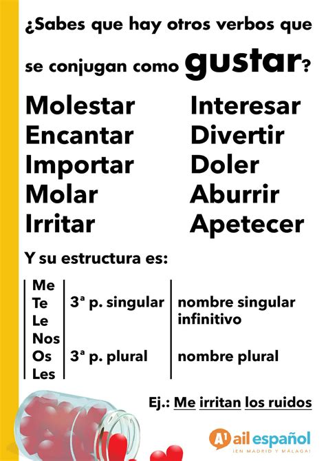 Jun 19, 2023 · The following verbs (below) are conjugated like the verb "gustar". These verbs have two forms: 3 rd person singular and 3 rd person plural (either present or preterite tense) and they use indirect object pronouns ( me, te, le, nos, os, les) . . 