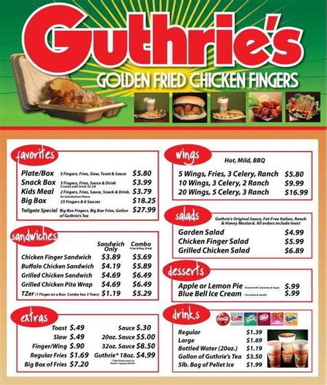 Guthrie restaurant menu. Specialties: Our first chicken finger only restaurant was established in Auburn, Alabama in 1982. We are considered to be the pioneers of fried chicken finger-only restaurants. This new concept laid the foundation for a new market in the chicken segment of the restaurant industry. YES, we have a simple menu. YES, we strive every day to serve you the highest quality chicken finger box in the ... 