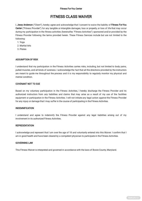Gym/Fitness Class Waiver Form Online Form Template PDFs