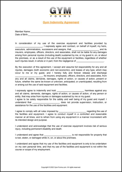 Gym Indemnity Agreement Form Online Forms PDFs