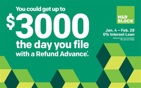 H and r block refund advance. Jan 19, 2024 · According to H&R Block, the refund advance loan can allow up to $3500 to be claimed back and is available until February 29. The no-interest-no-fee agreement doesn't impact the credit score of a ... 