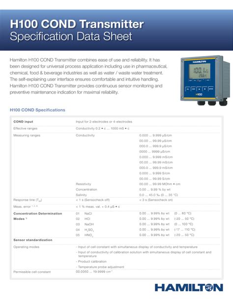 H100 COND Transmitter Specification Data Sheet