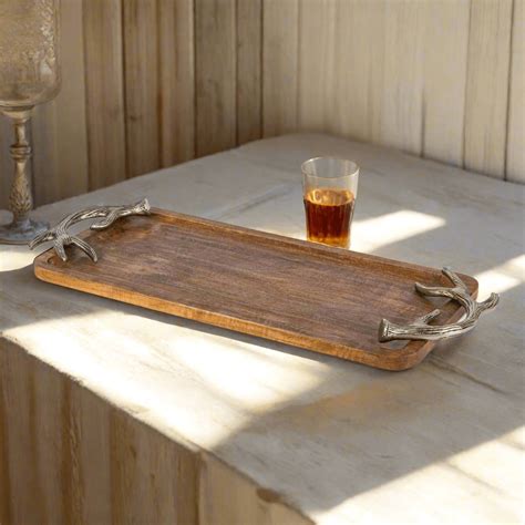 Handmade Mango Wood Serving Tray With Unique Antler Metal Handles ... - balustradellc