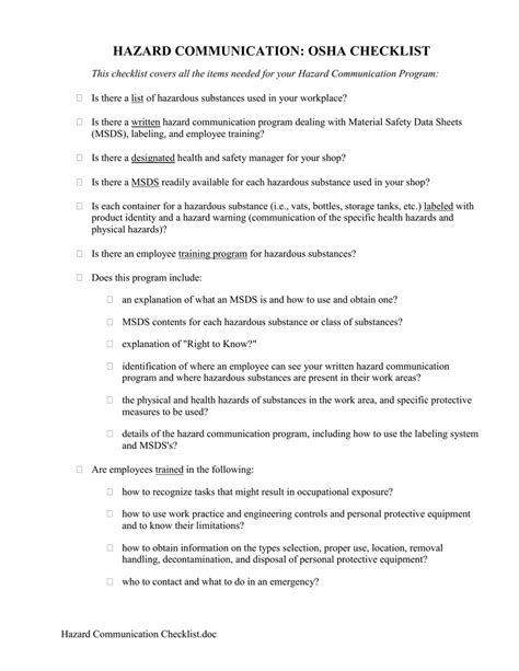 HAZARD COMMUNICATION OSHA CHECKLIST