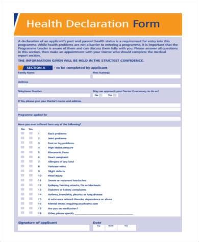 HEALTH DECLARATION FORM SAMPLE