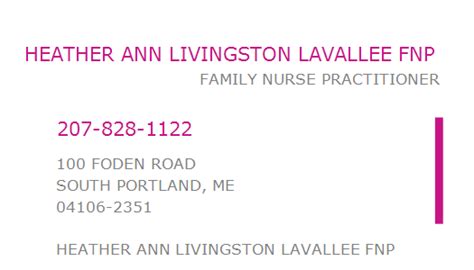 HEATHER A LIVINGSTON LAVALLEE, FNP – NPI #1841569720