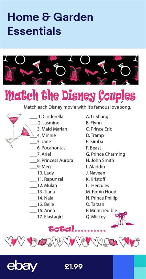 HEN NIGHT PARTY GAME * MATCH THE DISNEY COUPLES *pack of 10 *ref 9 Jga