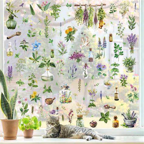 Herb Window Stickers Watercolor Plant Window Clings Vintage ... - Amazon - muktibox.com