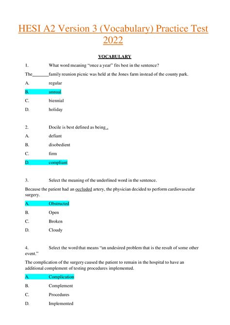 HESI A2 Version 3 (Vocabulary) Practice Test 2022 Questions and