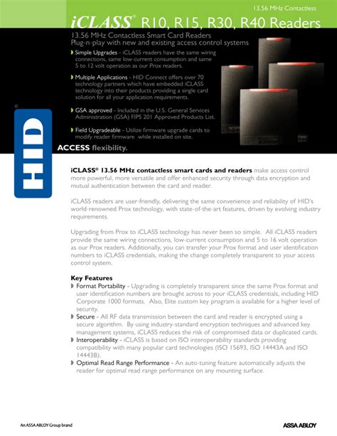 HID iCLASS® R10, R15, R30, R40 Readers Catalog Page