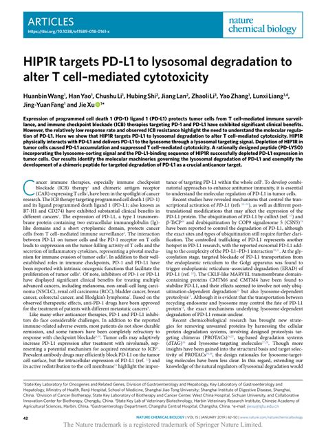 HIP1R targets PD-L1 to lysosomal degradation to alter T cell