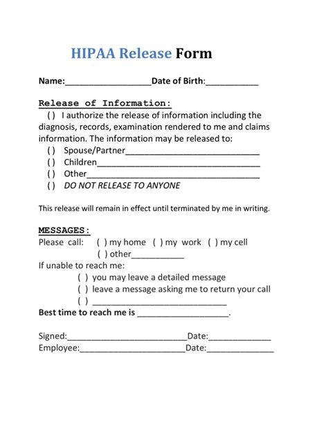 HIPAA Release Form in Word and Pdf formats