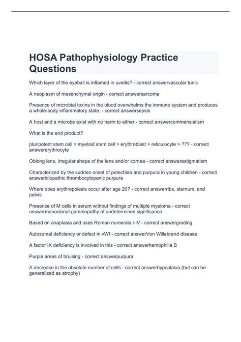 HOSA Pathophysiology Practice 2023 with 100 correct questions and