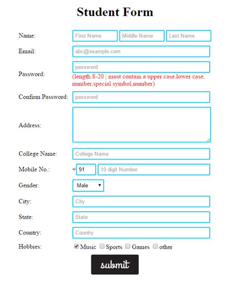 HTML Student Registration Form using CSS GTU Practicals