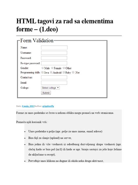 HTML tagovi za rad sa elementima forme – (1.deo)