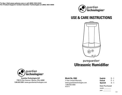 HUMIDIFIERS USE AND CARE MANUAL for Models …