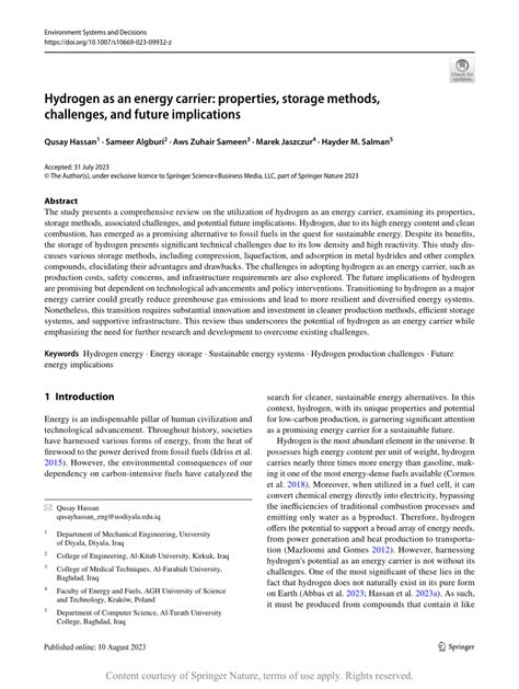 Hydrogen as an energy carrier: properties, storage methods ... - Springer - wintechmobiles.com