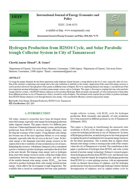 Hydrogen production from H2SO4 cycle, and solar parabolic trough ... - raincitystudios.com