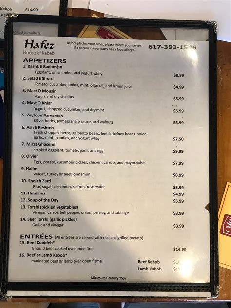 Hafez house of kebab menu. GF menu options include: Bread/Buns, Dessert; 3. Ariana Restaurant. 1 rating. 384 Western Ave, Brighton, MA 02135 $$$ • Middle Eastern Restaurant. No GF Menu. 4. Hafez House of Kebab. 1 rating. 580 Mt Auburn St, Watertown, MA 02472 $ • Middle Eastern Restaurant. No GF Menu. 5. Shiraz Persian Cuisine. 1 rating. 72 Bigelow Ave, … 