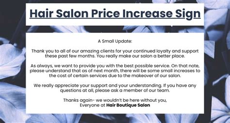 Hair Stylist Salon Price Increase Notice