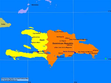 Haiti and dominican republic map. Haiti occupies the western third of the island of Hispaniola, situated between Cuba and Puerto Rico, which it shares with the Dominican Republic. The Atlantic Ocean borders Haiti’s northern shores, while the Caribbean Sea is to the west and south. The Windward Passage separates Haiti from Cuba, which lies about 80 kilometers to the northwest. 