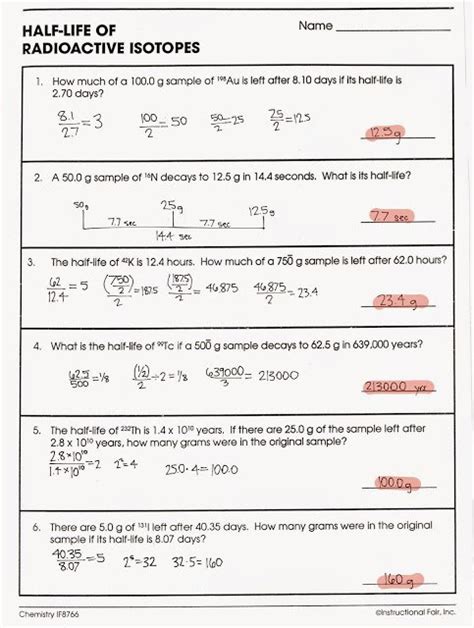 Half Life Calculations Worksheet Answers