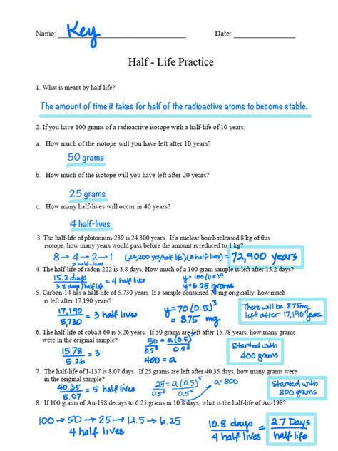 Half Life Problems Answer Key An Isotope