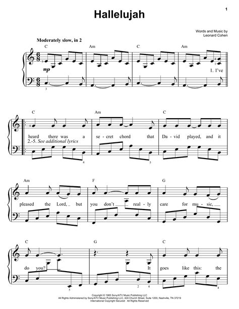 Hallelujah sheet music by Leonard Cohen. Sheet music arranged for Piano/Vocal/Chords in C Major (transposable). SKU: MN0132765. 