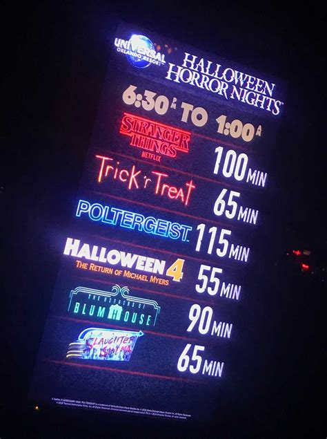 Halloween horror nights wait times. Sep 20, 2023 · Halloween Horror Nights Express Passes aren't cheap and, to the surprise of many, are typically more expensive than your actual admission ticket into Halloween Horror Nights. Halloween Horror Nights Express Pass starts at around $110 per person while admission tickets to the event start at around $80. In most cases, you'll essentially double ... 