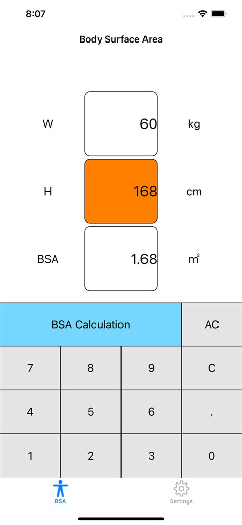 On this page, the calculator permits the user to calculate the surface area of a human body using different Formulas. The body surface area (BSA) is a measurement used in many medical tasks, such as medication doses and burns of the skin. ... BSA (m²) = ( [Height(cm) .... 