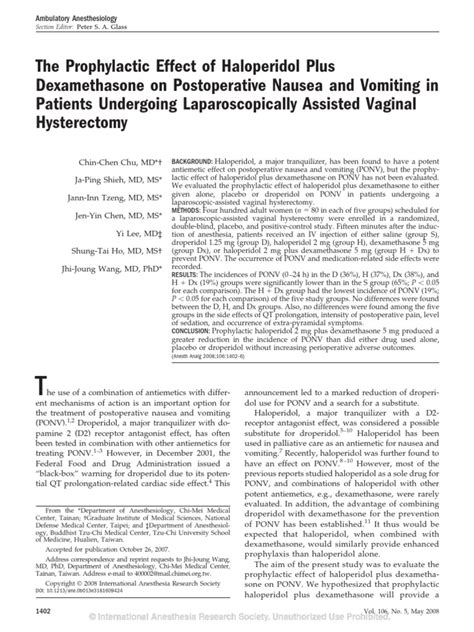 Haloperidol for Postoperative Nausea and Vomiting: Are …