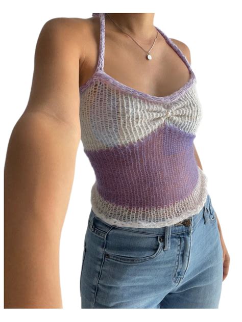 Halter Neck Crop Cami Top Knitted Printed Tank Tops Tee Y2k …