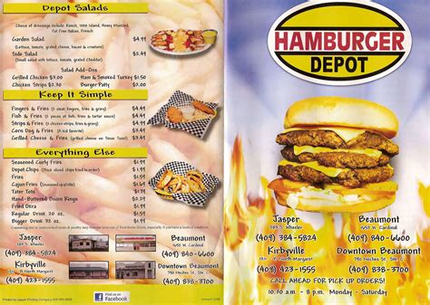 Hamburger depot menu. Location and Contact. 283 S Wheeler St. Jasper, TX 75951. (409) 384-5824. Website. Neighborhood: Jasper. Bookmark Update Menus Edit Info Read Reviews Write Review. 