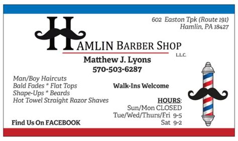 Hamlin barber shop. Hamlin Barber Shop, Hamlin PA, Hamlin, Pennsylvania. 438 likes · 1 talking about this · 70 were here. Full-service barber shop located North of Hamlin Corners (Rts 590 & 196) 