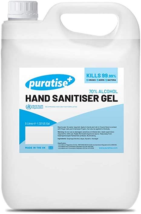 Hand Sanitiser Gel 5l PURATISE Antibacterial Hand Gel - 70