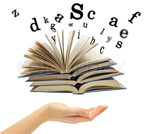 Hand and a book with departing letters Stock image Colourbox
