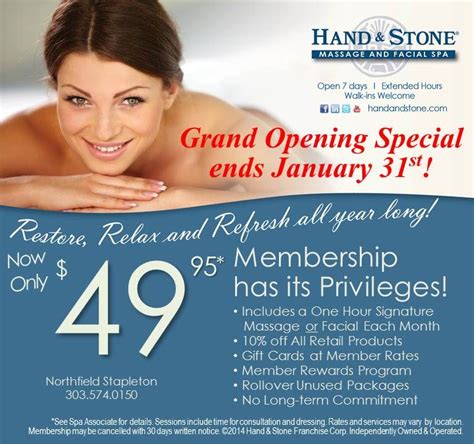 Specialties: We offer the very best massages, facials, body waxing, and skincare services in Orange County! Hand & Stone provides the best service quality and membership value in the spa industry. We only use the best quality products from Dermalogica, Image and Clarity Rx, and only hire experienced, licensed and talented massage therapists and estheticians. Come experience the Hand & Stone .... 