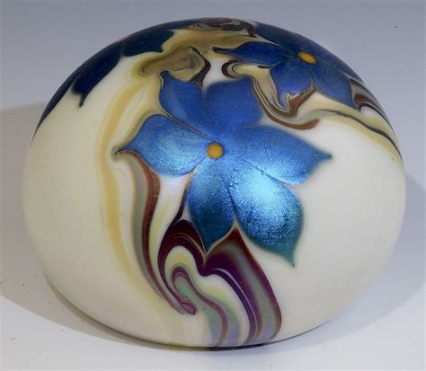 Hand-blown, irridised glass flower paperweight by Orient and Flume …