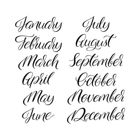 HandDrawn Calligraphic Vector Names of Months and Weeks Lettering