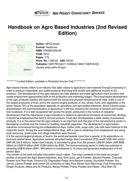 Handbook on agro based industries 2nd revised edition by npcs board. - Kohler generators manual for model 100rzg.