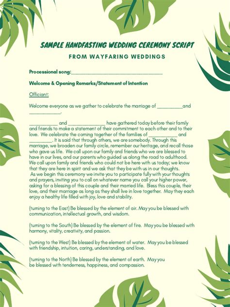 Handfasting ceremony vows.  A script for officiating a wedding includes a welcome...