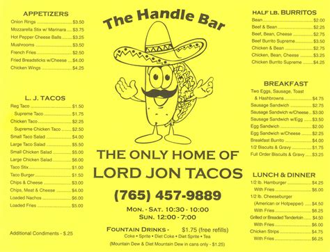 The Handle Bar, Kokomo (Indiana). 2.585 Me gusta · 18 personas están hablando de esto · 1.413 personas estuvieron aquí. Home of the original Lord Jon Taco!. 
