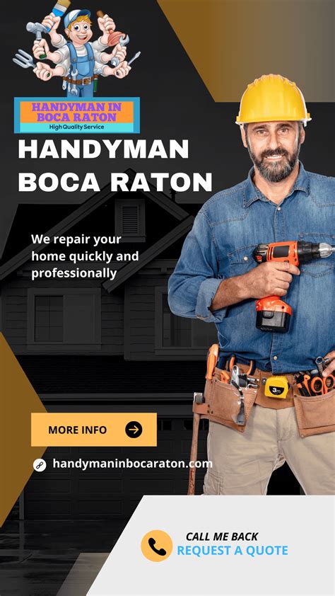 Handyman boca raton. Mr. Handyman Serving Boca Raton Home Repair Services. We offer a wide range of repair services, including plumbing, fixtures, carpentry, and a whole lot more. Our goal is to fix anything your home might need, but we do have a few services that come up more often than the rest—drywall repair, floor repair, and door repair. 
