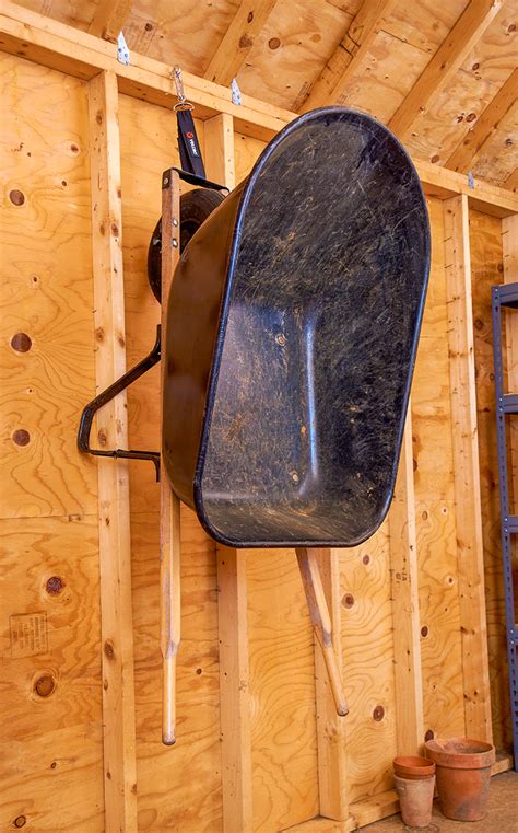 Apr 15, 2021 - Storing a wheelbarrow can be a perplexing task because of its strange shape and size. To save space and keep the wheelbarrow out of the way, you can easily hang it on a wall with brackets or hooks. If you hang the wheelbarrow on the wall,.... 