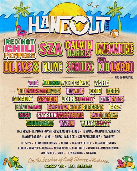 Hang out festival. Hangout is an annual three-day music festival held on the white sand beaches of Gulf Shores. The 2023 lineup features Red Hot Chili Peppers, SZA, Calvin Harris, Paramore & more. If you are using a screen reader and are having problems using this website, please call (888) 842-5007 for assistance. ... 