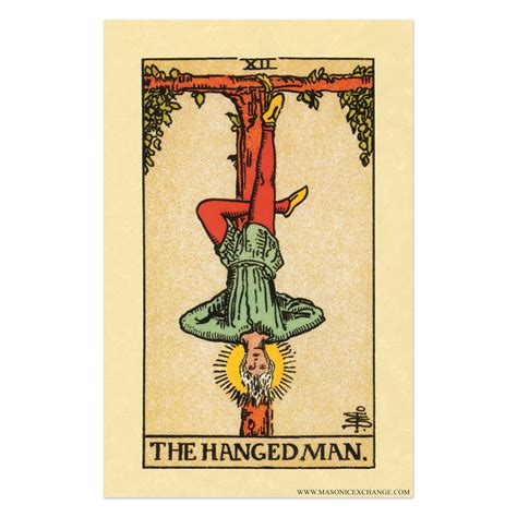 Hanged man card. The Hanged Man tarot card shows a man dangling upside-down from one ankle. A light, almost like a halo, radiates behind his head. Despite his uncomfortable position, he appears to be at peace with his situation. There is nothing struggling or sad about this card. In fact, The Hanged Man is very serene and accepting of this fate. 